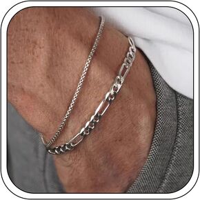 DIOUWS Mens Bracelet for Man Women, 2Pcs Minimalist Silver Layered Cuban Link Stackable Simple Chain Bracelet For Teen Jewelry Gifts