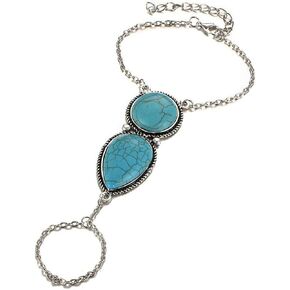 Zeshimb Boho Hand Chain Bracelet Turquoise Finger Ring Bracelet Ethnic Ring Bracelet Hand Chain Vintage Turquoise Hand Harness Slave Bracelet Jewelry for Women