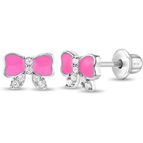 925 Sterling Silver Girl's Clear Cubic Zirconia Enameled Pink Bow Screw Back Earrings, Bow-rrific Screw Back Locking for Toddlers & Little Girls- Fashionable & Stylish Pink Earrings for Pre Teens