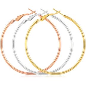 3 Pairs Big Hoop Earrings for Women, 14K Gold Plated Rose Gold Plated Silver Stainless Steel Large Hoops Set for Women Girls