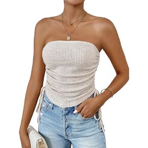WDIRARA Women's Drawstring Tie Side Sleeveless Ruched Strapless Waffle Knit Tube Top