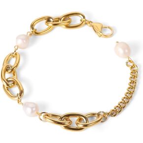 ANIZOXY French Retro Vintage Natural Freshwater Baroque Pearl Bracelet for Women 18K Gold Plated Stainless Steel Unique Chunky Chain Bracelet