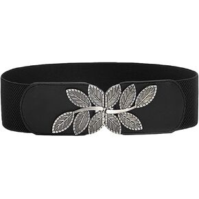Weenkeey Wide Elastic Waist Belt Vintage Wide Waist Belt Fashion Cinch Belt with Leaf Buckle for Dress Shirts Coat - Black, black, One size in Kuwait
