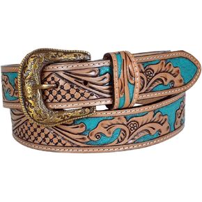 Affilare Western Style Leather Jeans Belt Hand Tooled Hand Painted Removable Buckle Teal 30HQ001