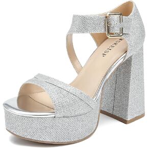 WSKEISP Platform Chunky Heels for Women Trendy Square Toe Heeled Sandals Black White Pink Silver Gold High Heels Ankle Strap Party Wedding Dress Pumps in Kuwait