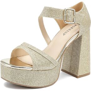 WSKEISP Platform Chunky Heels for Women Trendy Square Toe Heeled Sandals Black White Pink Silver Gold High Heels Ankle Strap Party Wedding Dress Pumps