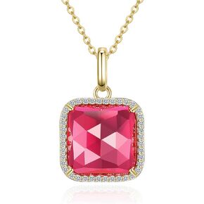 Natural Gemstone Square Necklace,14K Gold Plated/Rhodium Plated Genuine Gemstone Birthstone Pendant Necklace with Zirconia Jewelry Gifts for Women Girls