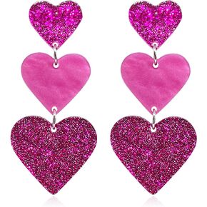 Pink Heart Earrings for Women Girls Multilayer Pink Heart Dangle Drop Earrings Valentine's Day Statement Earrings Jewelry Gifts
