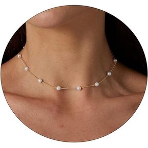 VIROMY Dainty Pearl Choker Necklace for Women 14K Gold Plated Pearl Necklaces Simple Trendy Everyday Jewelry