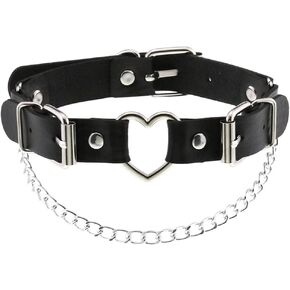 Women Heart Leather Choker Necklace Girls Punk Rock Chain Rivet PU Collar Necklace Adjustable