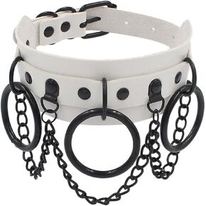 Aabellay Circle Choker Necklace PU Leather Goth Choker Collar with Black Studded Punk Rock Rivet Collar Adjustable Size - Double Layer with Circle – White
