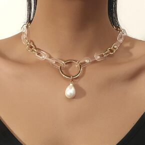 Rumtock Women Acrylic Link Gold Chunky Chain Link Choker Necklace Pearl Charm Clavicle Necklace for Women Girls Special Occasion Jewelry for Dress in Kuwait