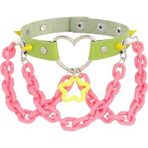Navoky Punk Leather Multicolor Choker Gothic Necklace Colorful Studded Rivets Acrylic Chain Star Pendant Collar for Women and Girls