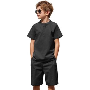 Arshiner Boy's 2 Pieces Cotton Linen Set Casual Henley Shirts Short Sleeve Beach Shorts Summer Outfits