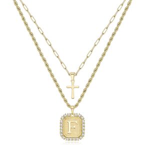 Cross Necklace for Women Layered Gold Necklaces Square Initial Pendant Layering Rope Chain Birthday Gifts for Teen Girls