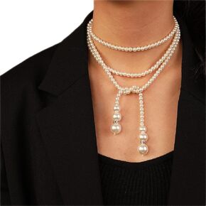 Chargances Weddind Layered Pearl Choker Necklace Bridal Long Beaded Pearl Choker Rhinestone Collar for Women Girls Gift Festival Party