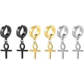 Clip On Ankh Cross Dangle Hinged Non-Piercing Hoop Earrings for Men Women, Stainless Steel Egyptian Earrings Jewelry in Kuwait