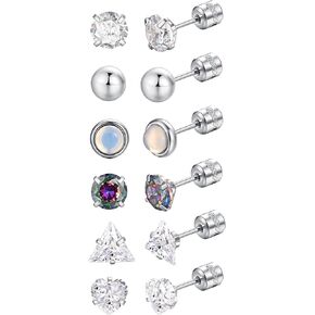 12 Pairs Titanium Stud Earrings Set for Women Men Screw Back Stainless Steel Tiny Earrings CZ Heart Star Pearl Cartilage Hypoallergenic Jewelry