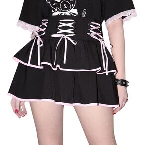 Black Gothic Mini Skirt for Women Pink Lace Tied High Waist Layer Flare Skirt in Saudi Arabia