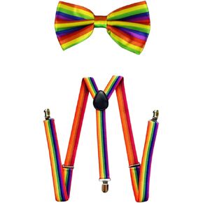 Lopsity Suspenders Straps Rainbow Bow Tie Set Adjustable Elastic Y Style Suspenders Bowtie Necktie with Metal Clips for Party