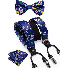 DiBanGu Mens Christmas Bow Tie and Supenders Set Clip On Supenders Pocket Square Cufflinks for Festival Party Gift