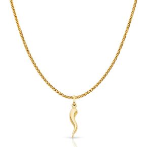 14K Yellow Gold Cornicello Italian Horn Necklace Good Luck Charm Pendant with 1.1mm Wheat Chain