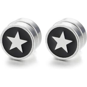10MM Magnetic Star Circle Stud Earring Steel with Black Enamel, Non-Piercing Cheater Fake Ear Gauges