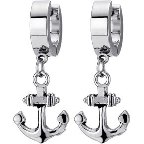 Pair Stainless Steel Huggie Hinged Hoop Earrings with Dangling Marine Anchor for Men Women