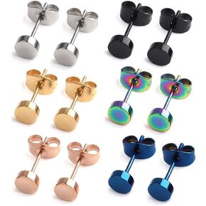 Ruifan 20G Mix Color Stainless Steel Flat Top Stud Earrings for Men Women 3-8mm 6Pairs