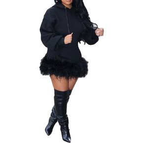 Recious Womens Sexy Long Sleeve Hooded Bodycon Faxu Fur Feather Hem Party Clubwear Hoodies Dress