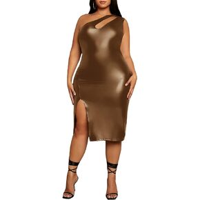 WDIRARA Women's Plus Size PU Leather Cut Out One Shoulder Split Thigh Bodycon Midi Dress