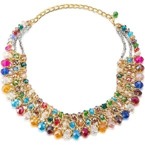 Statement Necklace Black Faceted Crystal Beads String Gold Braided Chain Pendant