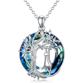 TOUPOP Cat Gifts for Cat Lovers Sterling Silver Cute Cat Tree of Life Pendant Necklace with Blue Circle Crystal Birthday Christmas Jewelry Gifts for Women Girls