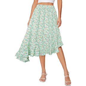 Afibi Women's Boho Floral High Waisted High Low Asymmetric Hem Midi Long Skirt