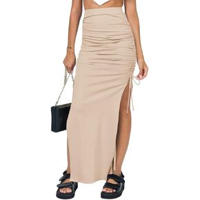 Ezcosplay Women High Waisted Ribbed Skirt Side Split Slit Ruched Drawstring Bodycon Maxi Skirts