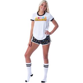 MJC Pac-Man Women feets Retro Pacman Video Game 3 Piece Matching Pajama Set - Boxer Shorts, Shirt, And Slipper Socks (Large)