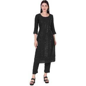 مجموعة فستان كورتا للسيدات من Ladyline Chikankari Schiffli مطرز بالترتر مع بنطلون (REKP NLLKP)