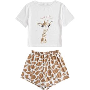 طقم بيجامة PJ مكون من قطعتين، تي شيرت وسروال قصير مطبوع عليه رسوم كارتونية للنساء من DIDK in Kuwait