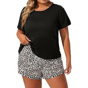 GORGLITTER Women's Plus Size 2 Piece Pajama Set Short Sleeve Round Neck Tee and Leopard Print Shorts Set Sleepwear