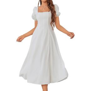 Women 2024 Summer Square Neck Puff Sleeve Smocked Midi Dress Flowy A Line Ruffle Casual Dresses