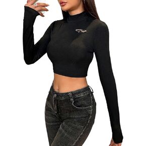 SweatyRocks Women's Knit Mock Neck Patched Crop Tee Long Sleeve Slim Fitted T-Shirt