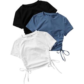 GORGLITTER Women's 3pcs Drawstring Ruched Tops Short Sleeve Round Neck Summer Crop Tee T Shirt