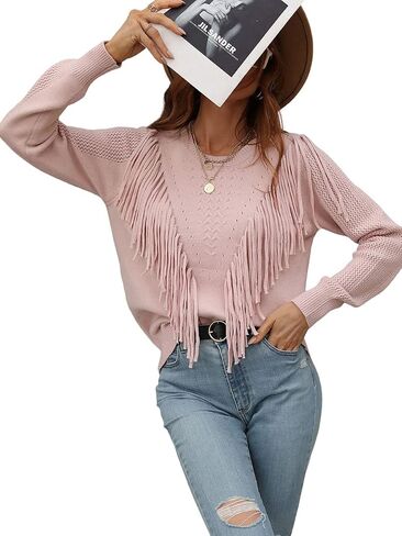Women Soft Boho Fringe Sweater Tops Trendy Cozy Crew Neck Tassel Knit Pullover Jumpers in Saudi Arabia