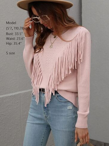 Women Soft Boho Fringe Sweater Tops Trendy Cozy Crew Neck Tassel Knit Pullover Jumpers in Saudi Arabia