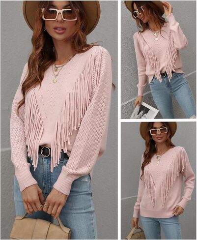 Women Soft Boho Fringe Sweater Tops Trendy Cozy Crew Neck Tassel Knit Pullover Jumpers in Saudi Arabia