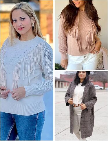 Women Soft Boho Fringe Sweater Tops Trendy Cozy Crew Neck Tassel Knit Pullover Jumpers in Saudi Arabia