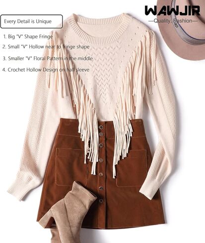 Women Soft Boho Fringe Sweater Tops Trendy Cozy Crew Neck Tassel Knit Pullover Jumpers in Saudi Arabia