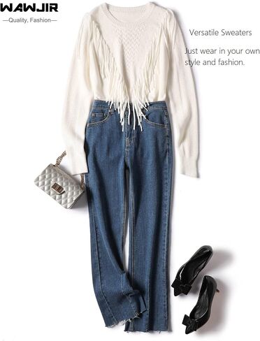 Women Soft Boho Fringe Sweater Tops Trendy Cozy Crew Neck Tassel Knit Pullover Jumpers in Saudi Arabia