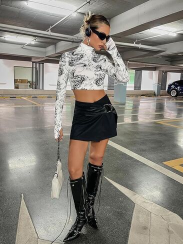 Verdusa Women's Mock Neck Long Sleeve Marble Mesh Slim Fitted Tee Top in Saudi Arabia