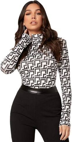 Verdusa Women's Mock Neck Long Sleeve Marble Mesh Slim Fitted Tee Top in Saudi Arabia